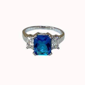 Silver Tone Cocktail Ring With Blue Emerald-Cut Center & Clear Side Size 10